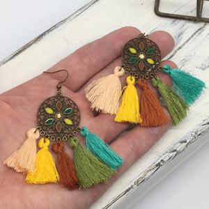 “Emyleen” Boho Chic Earthy Color Tassels Antique Bronze Round Earrings