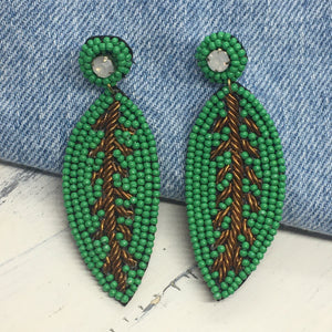 "Plant Life" Leaf Seed Bead Statement Earrings--Handcrafted