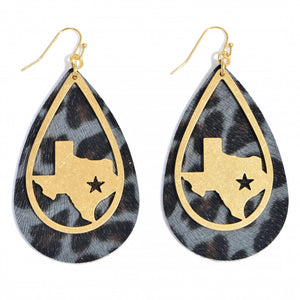 "Texas Tough" Faux Leather Leopard Print Statement Earrings Featuring Hammered Metal Gold Texas Accent--Gray